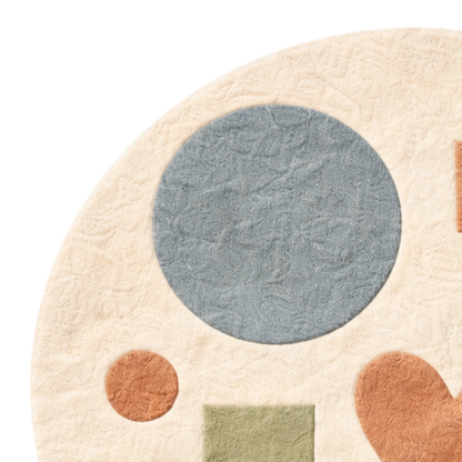 Round rug with colorful geometric shapes on a beige background