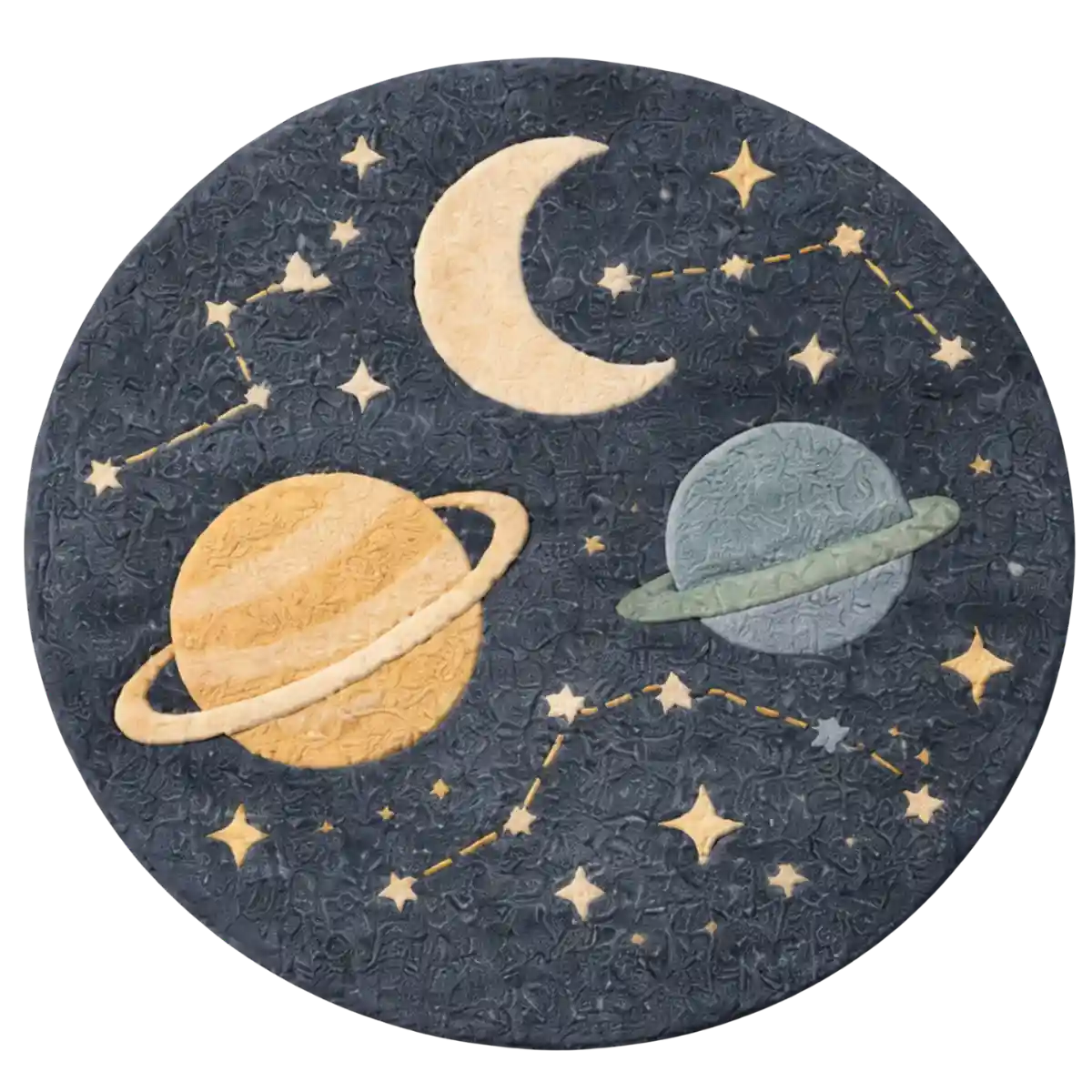 Round rug with space-themed design featuring planets and stars on a dark blue background.