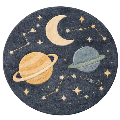 Round rug with space-themed design featuring planets and stars on a dark blue background.