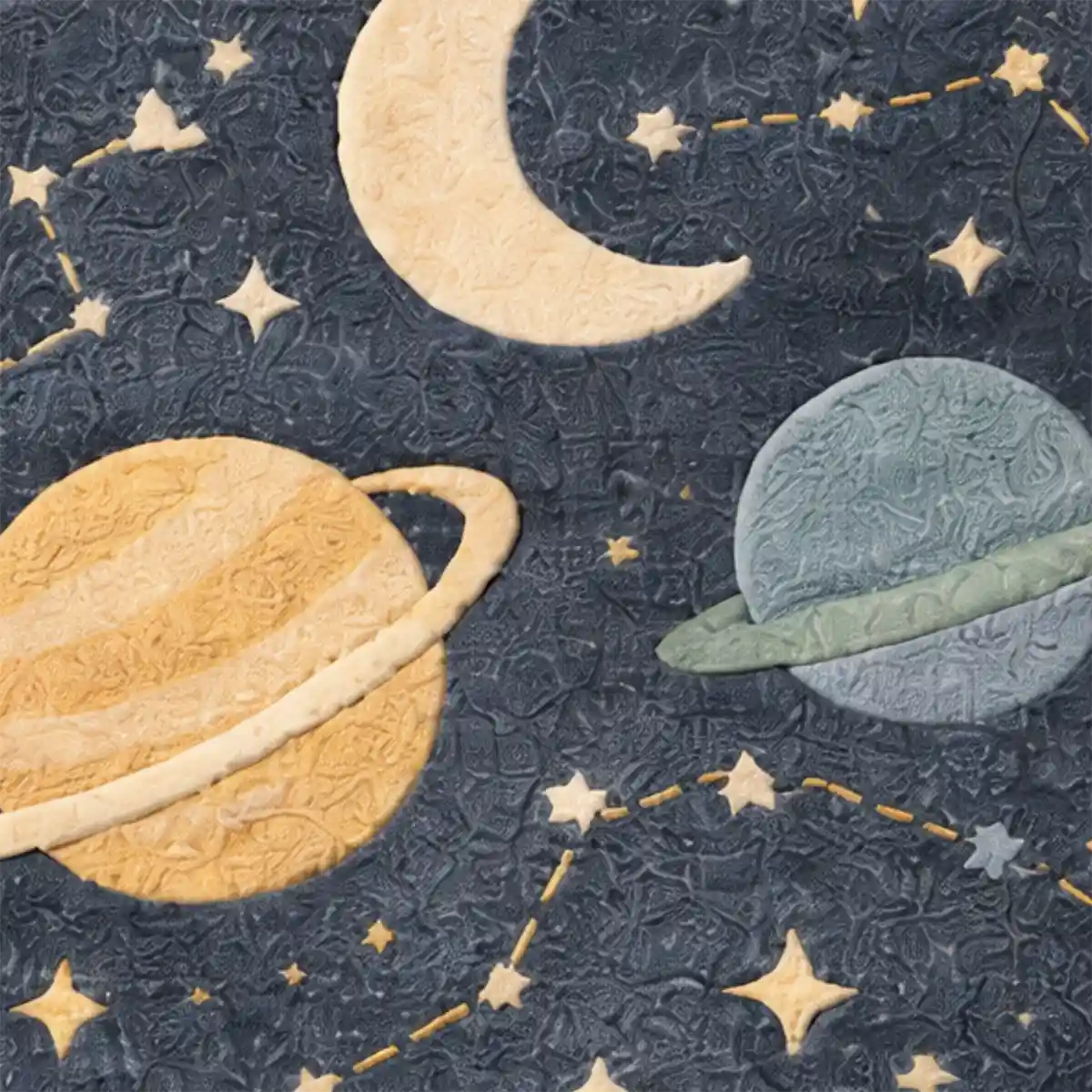 Textured fabric with planets, moon, and stars on a dark blue background
