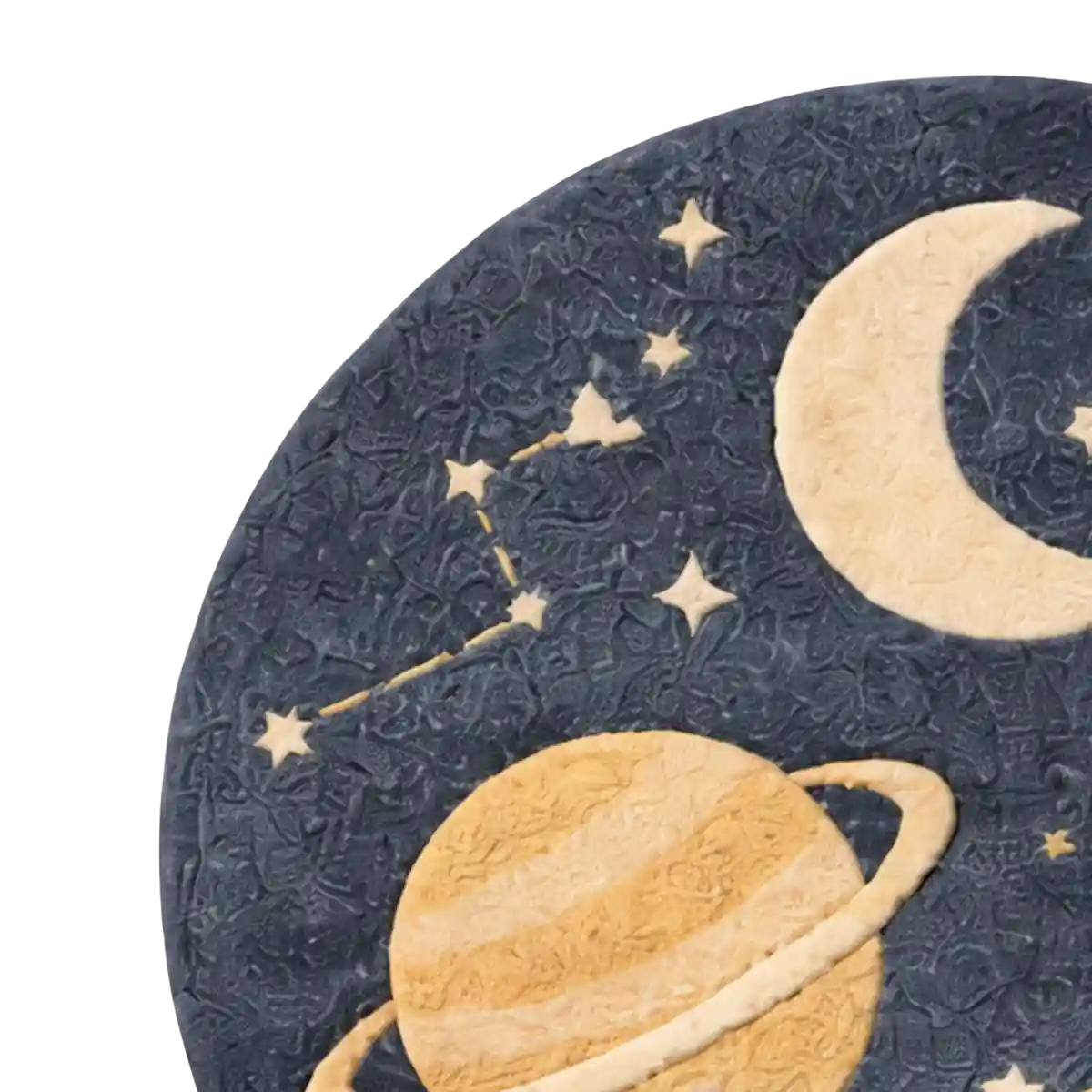 Round rug with celestial designs including a moon, stars, and Saturn.