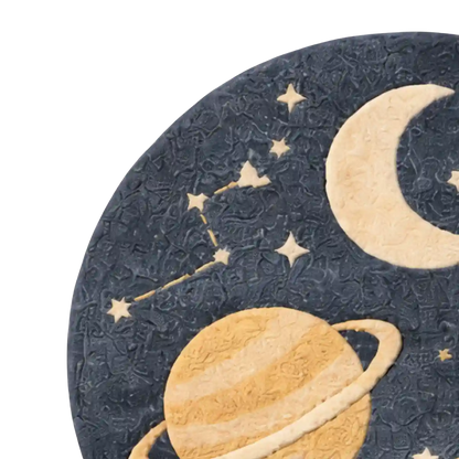 Round rug with celestial designs including a moon, stars, and Saturn.