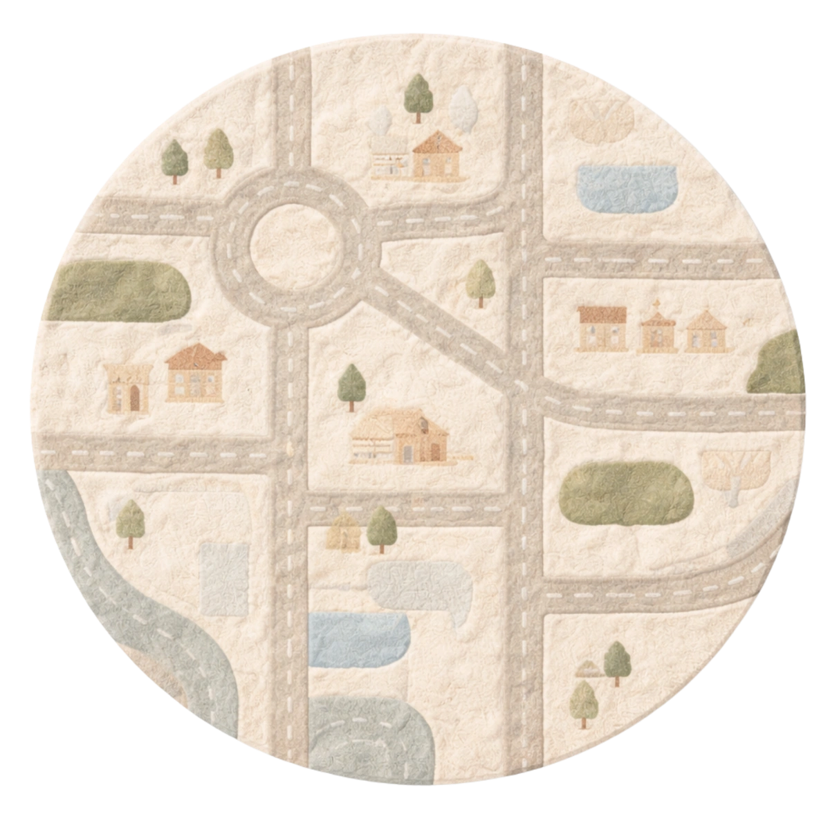 Round rug with road and building pattern on a white background