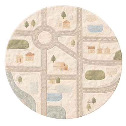 Round rug with road and building pattern on a white background