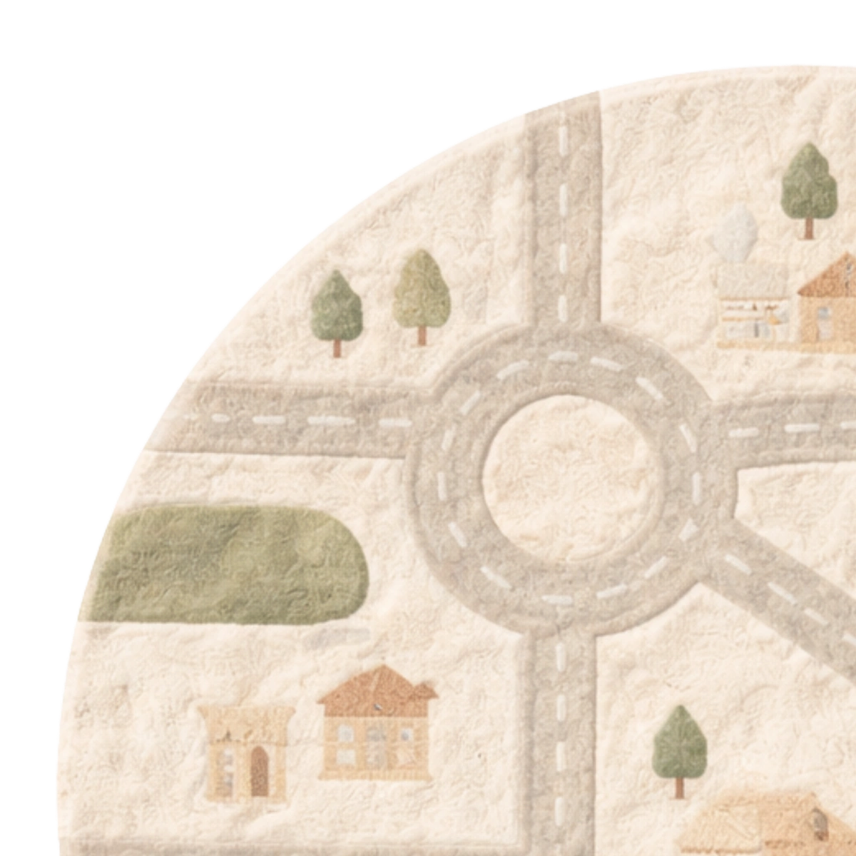 Round rug with road design, houses, and trees on a white background