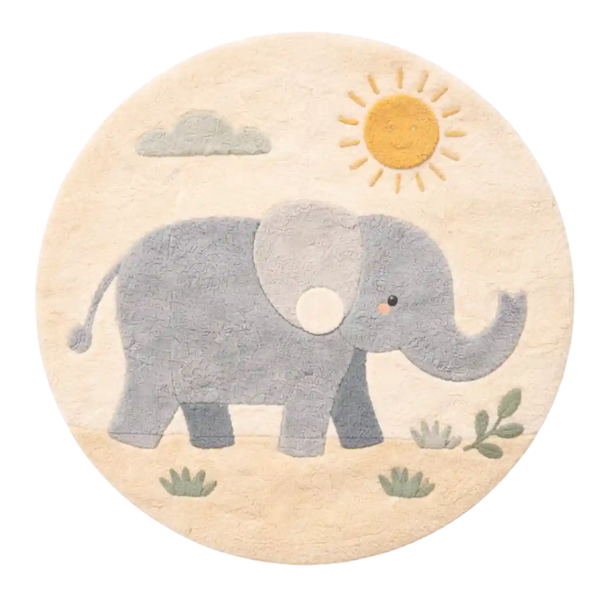 Round rug with an elephant design on a beige background