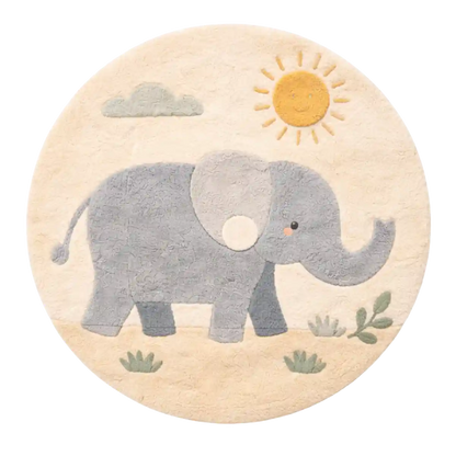 Round rug with an elephant design on a beige background