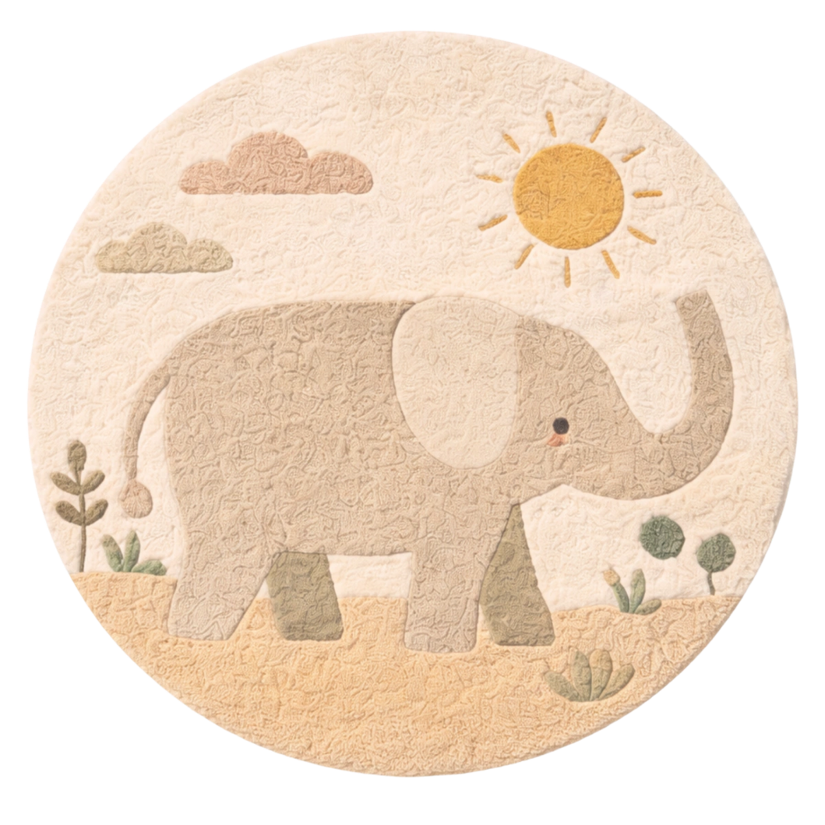 Round rug with an elephant design on a beige background