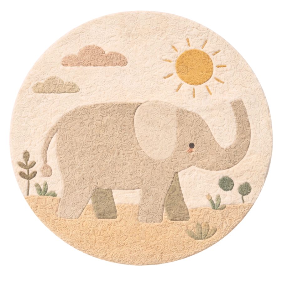Multicolor Gentle Elephant Landscape Round Hand-Tufted Wool Area Rug