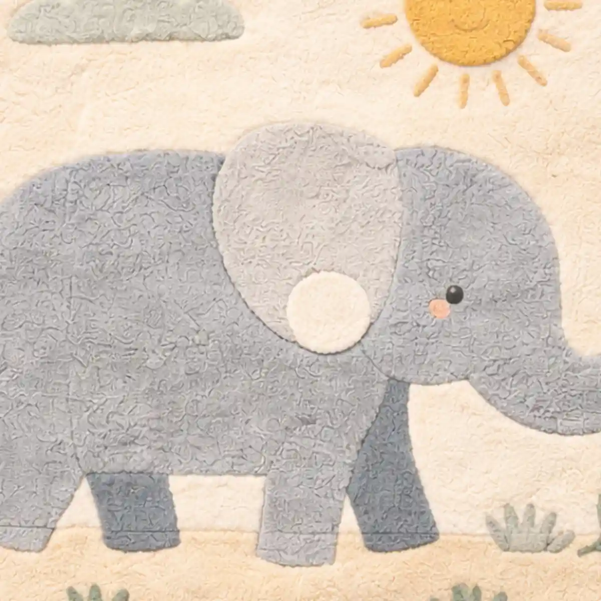 Children's rug with a gray elephant design on a beige background