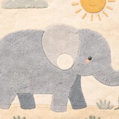 Children's rug with a gray elephant design on a beige background