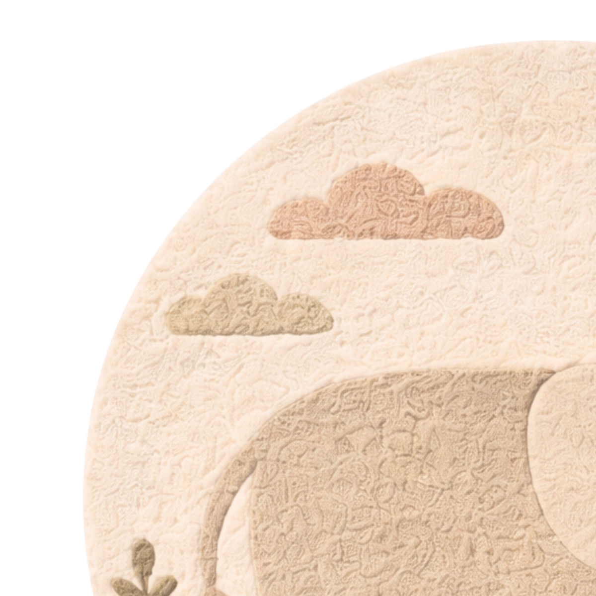 Round beige rug with cloud designs on a white background