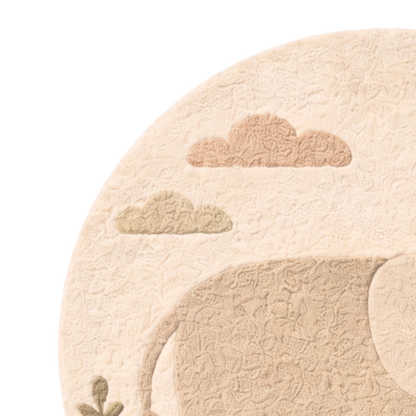 Round beige rug with cloud designs on a white background