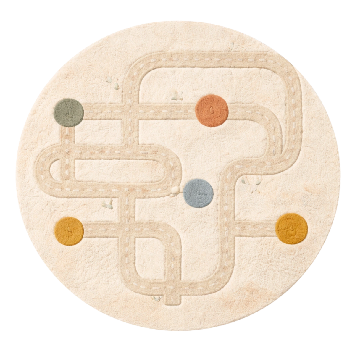 Round rug with a maze-like pattern and colorful dots on a beige background