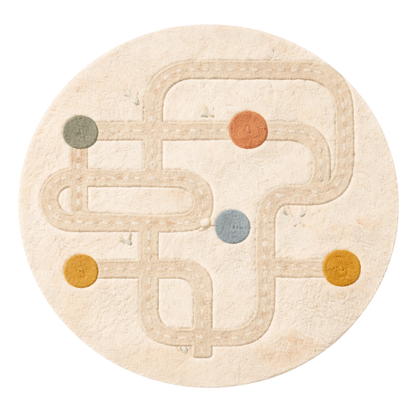 Round rug with a maze-like pattern and colorful dots on a beige background