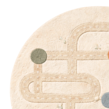 Close-up of a textured rug with geometric patterns and soft colors.