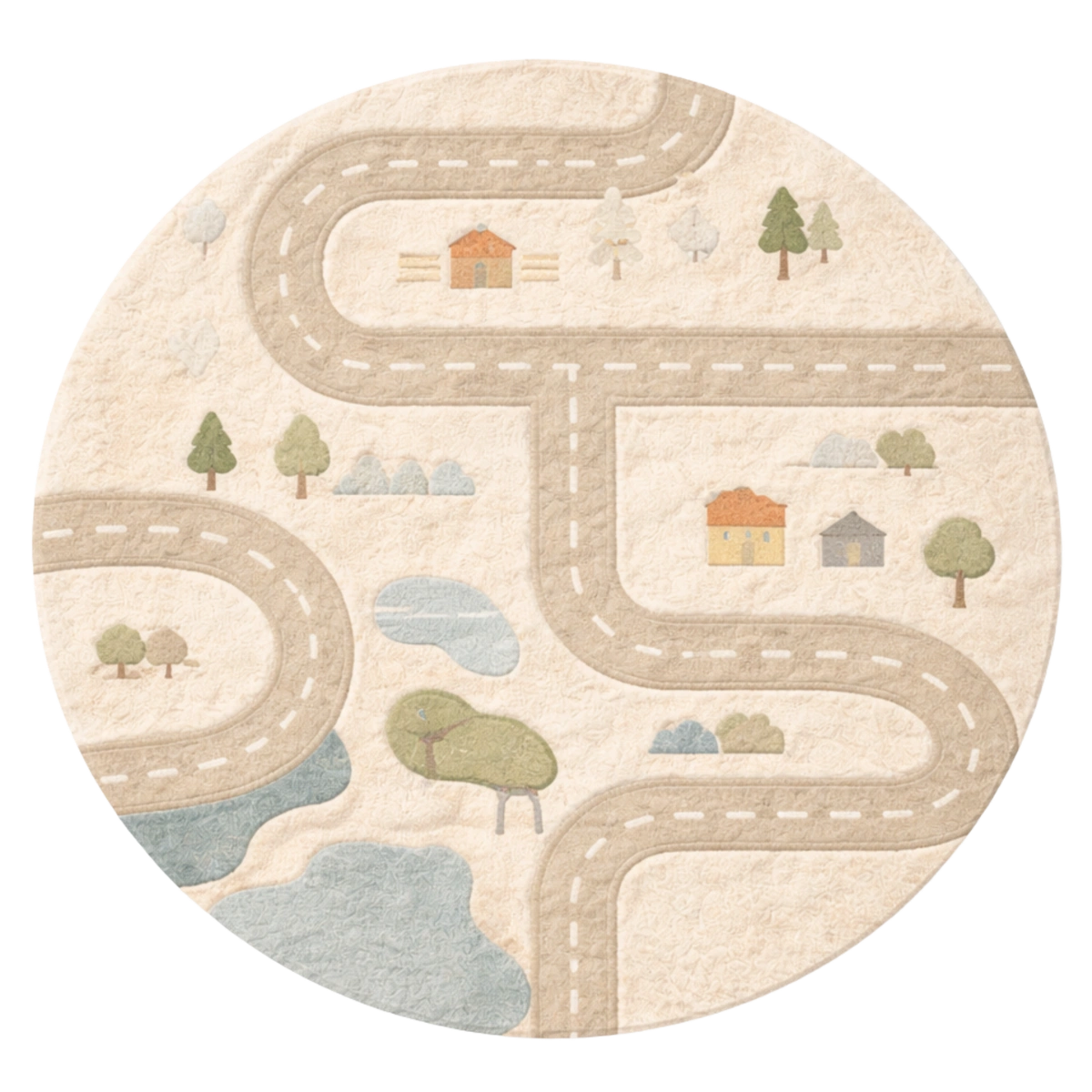 Round rug with road and landscape design on a white background