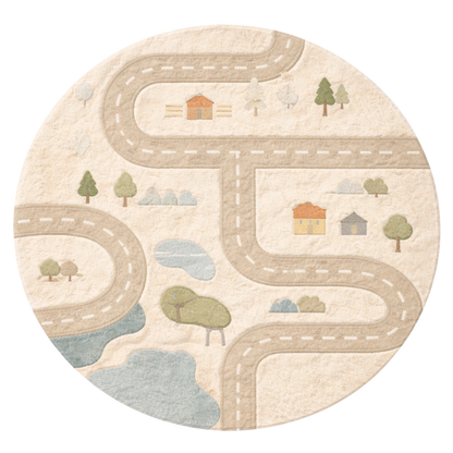 Round rug with road and landscape design on a white background