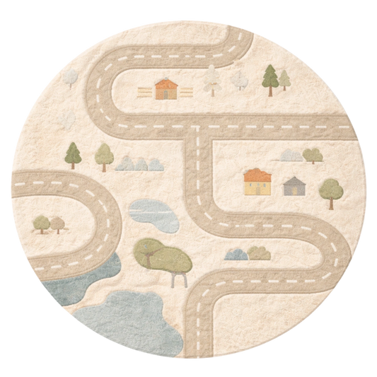 Round rug with road and landscape design on a white background