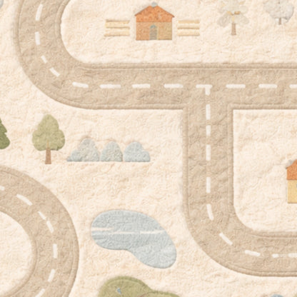 Children's play mat with roads, houses, trees, and clouds on a beige background
