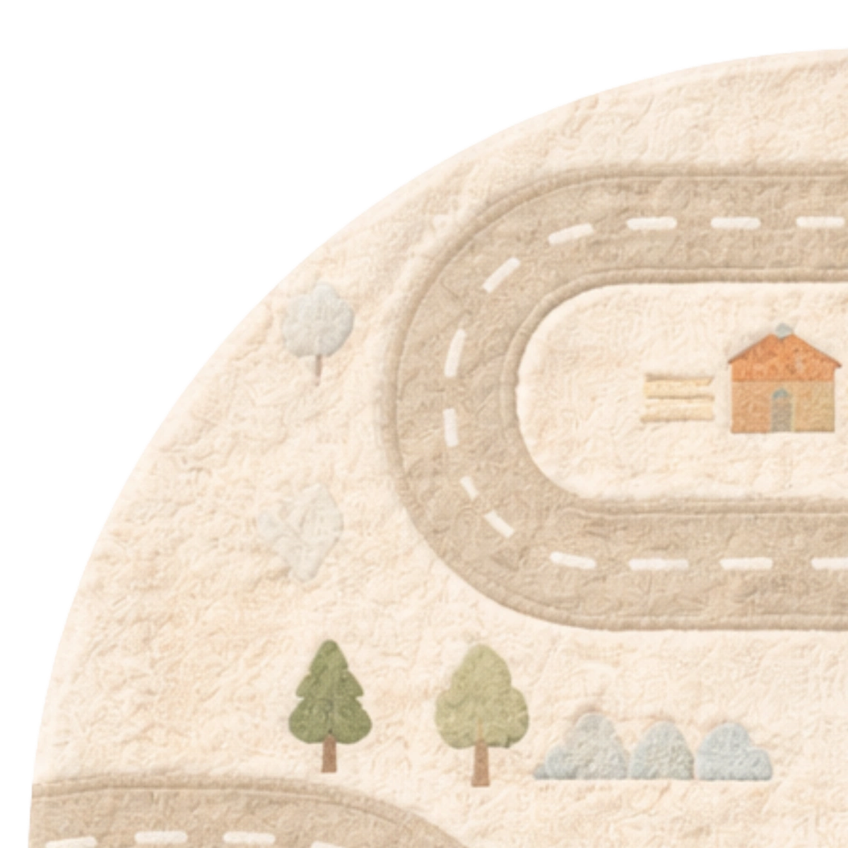 Children's rug with road design, trees, and house on a beige background
