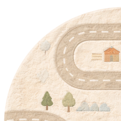 Children's rug with road design, trees, and house on a beige background