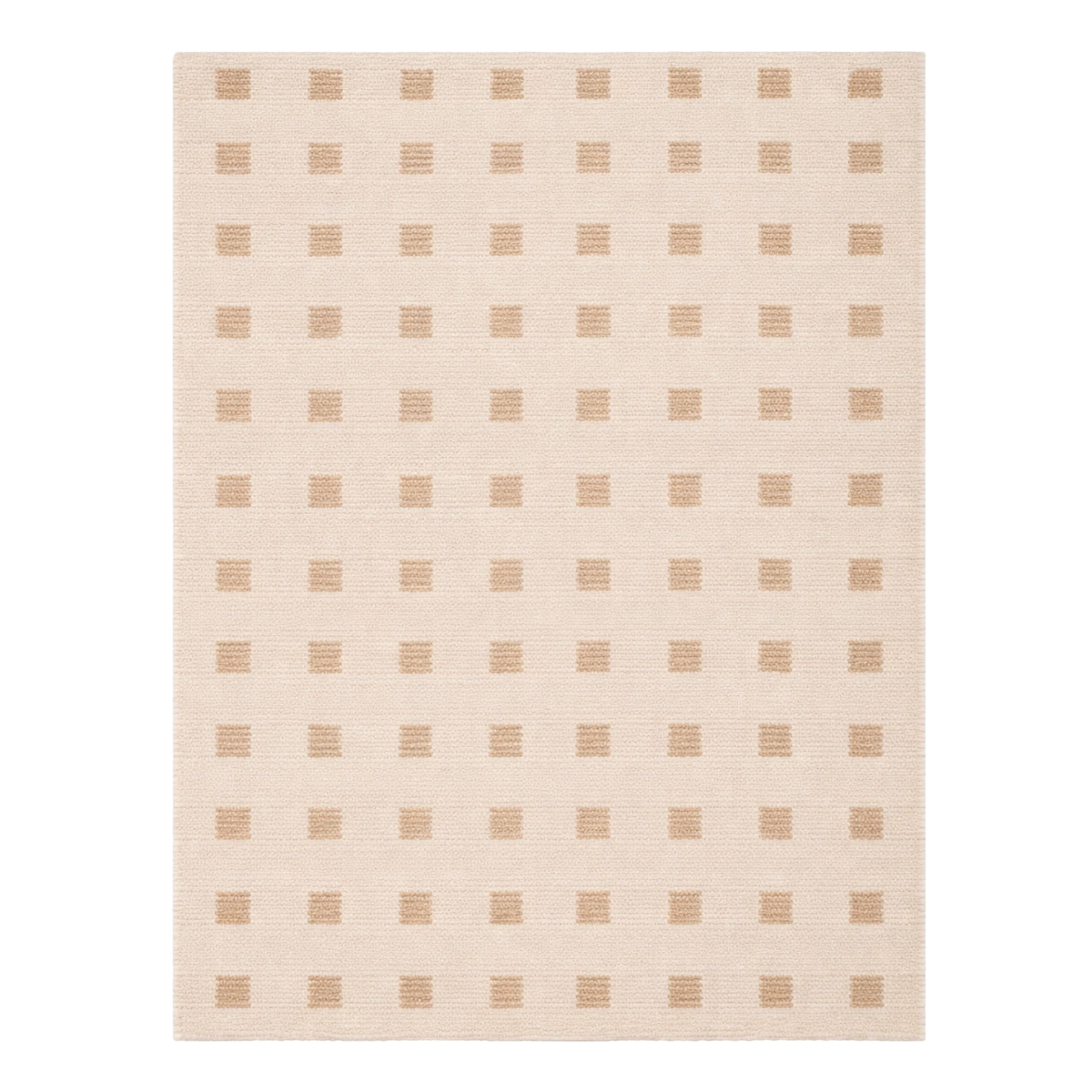 Beige area rug with a geometric pattern on a white background