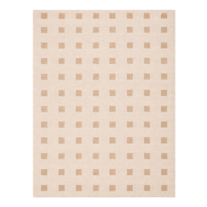 Beige area rug with a geometric pattern on a white background