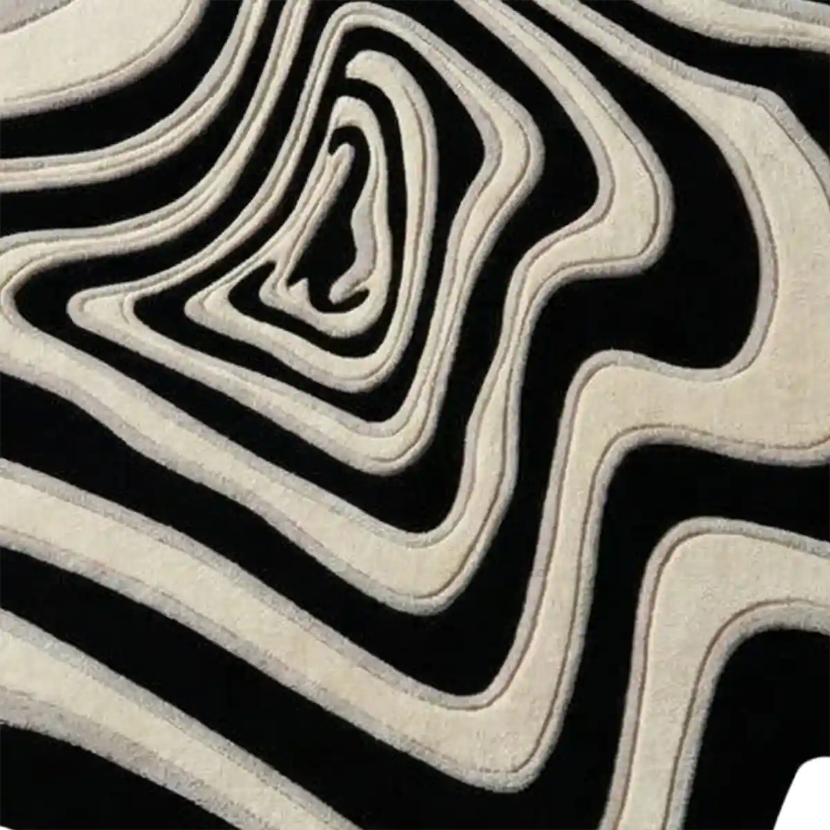 Modern organic freeform wool area rug featuring black, ivory, and grey contour lines