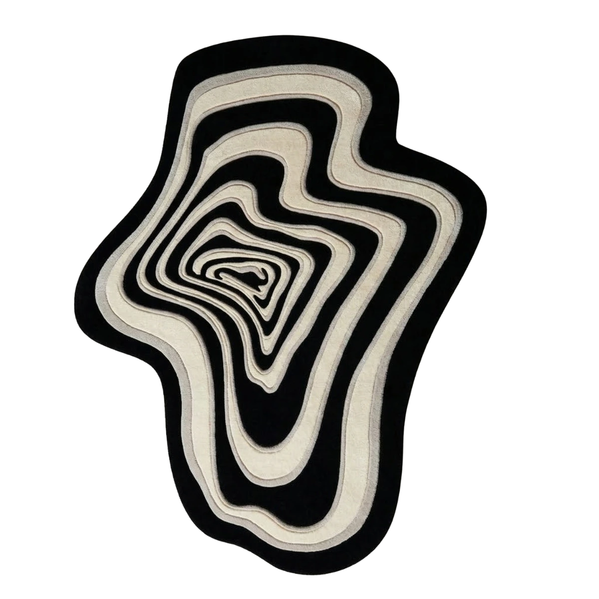 Black and white irregular hand-tufted wool rug with modern abstract contour design