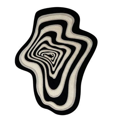 Black and white irregular hand-tufted wool rug with modern abstract contour design
