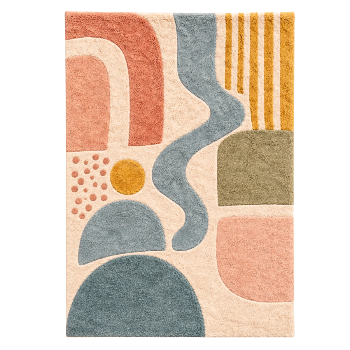 Abstract patterned rug with geometric shapes on a white background