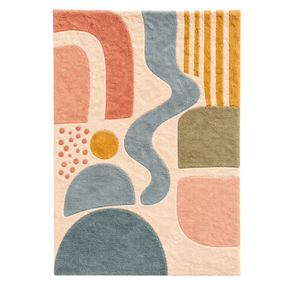 Abstract patterned rug with geometric shapes on a white background