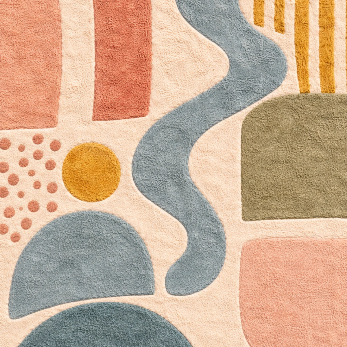 Close-up of a textured rug with abstract patterns in earthy tones.