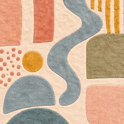 Close-up of a textured rug with abstract patterns in earthy tones.