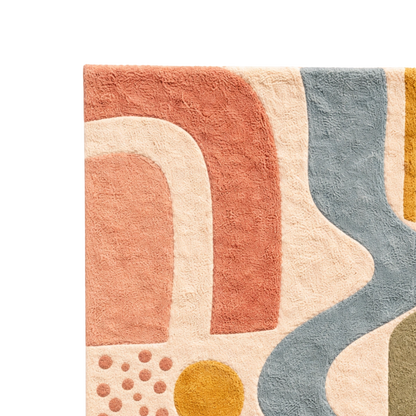 Colorful abstract rug with geometric shapes on a white background