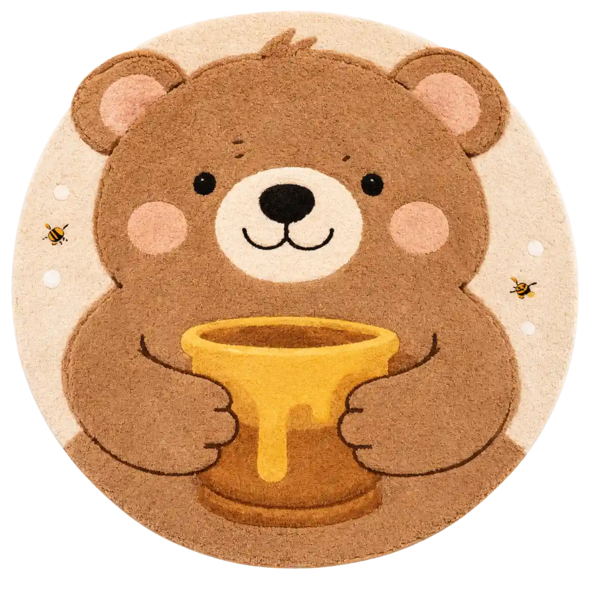 Illustration of a bear holding a honey pot with a circular beige border.
