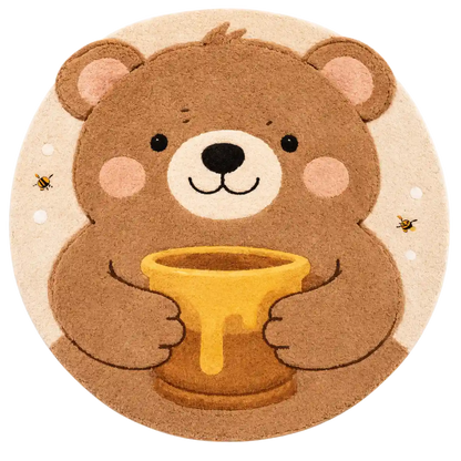 Illustration of a bear holding a honey pot with a circular beige border.