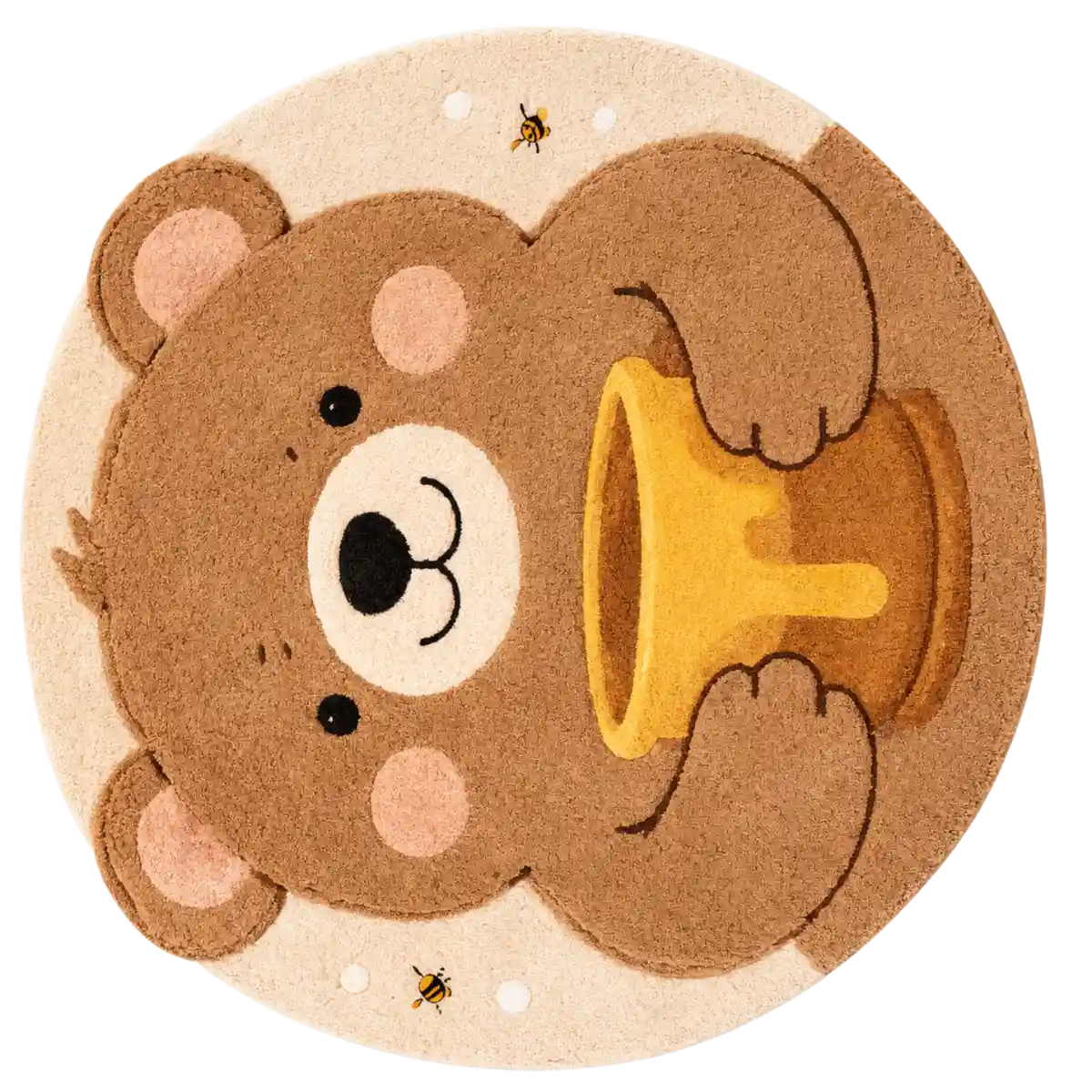 Round mat with a cartoon bear holding a bell on a beige background