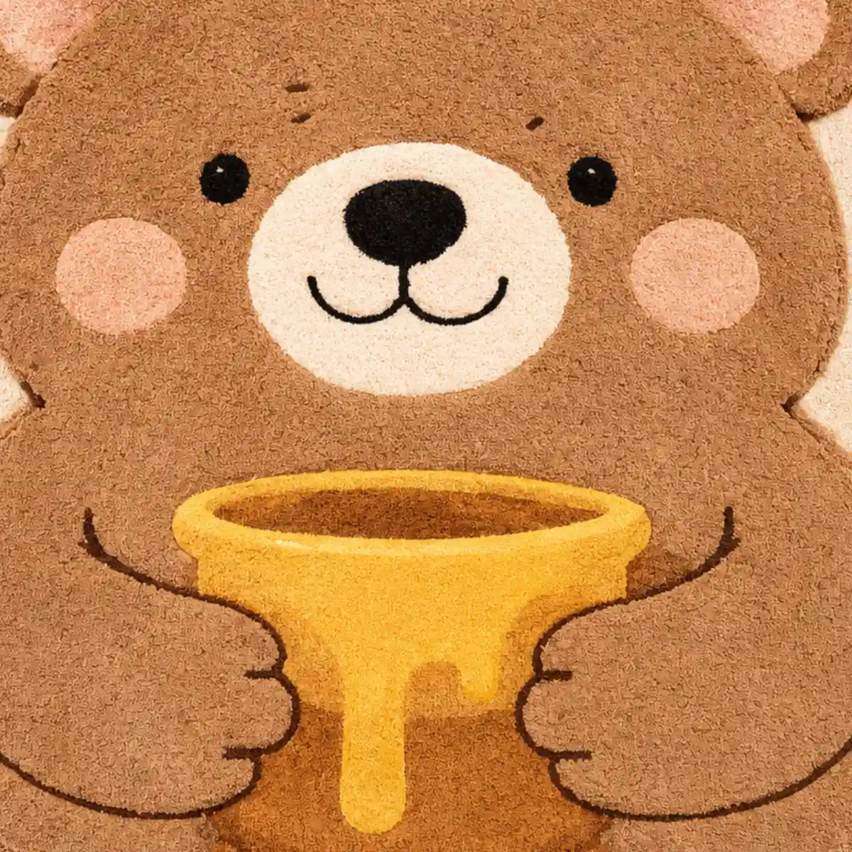 Cute bear character holding a yellow funnel with a polka dot background