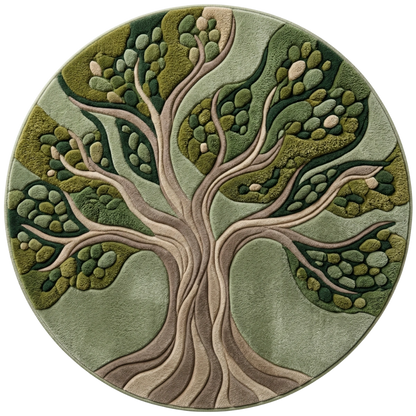 Round rug with a tree design in green and brown colors on a white background