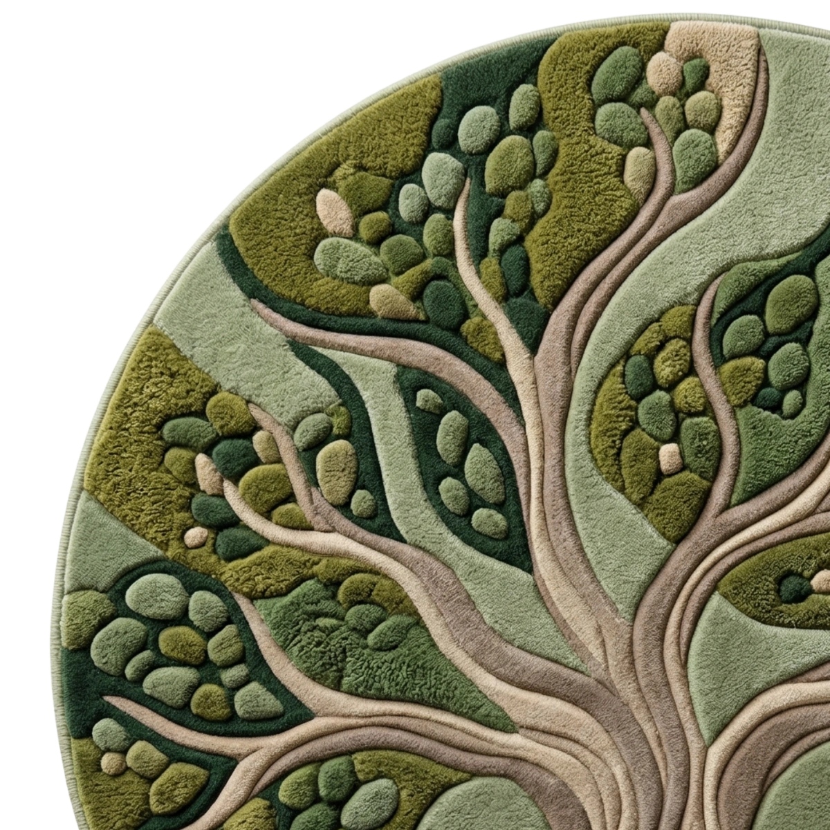 Round green and brown tree-patterned rug on a white background