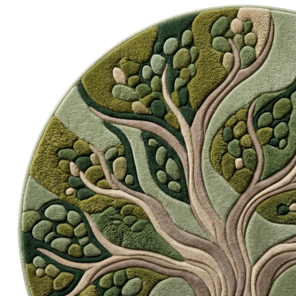 Round green and brown tree-patterned rug on a white background
