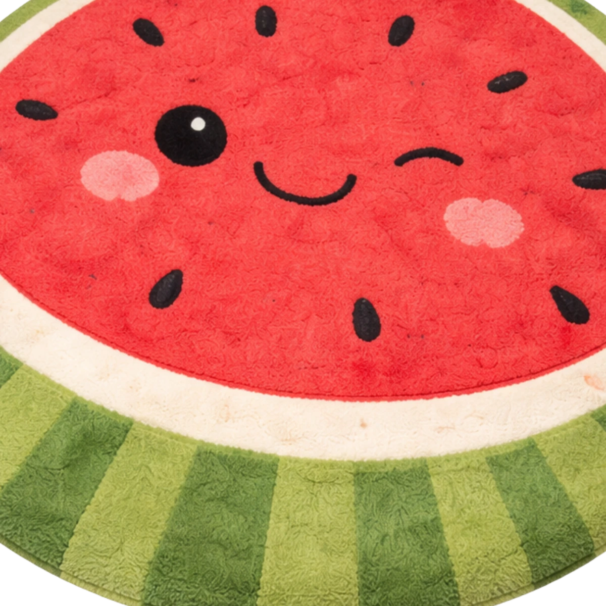 Round rug with a watermelon design featuring a smiley face.