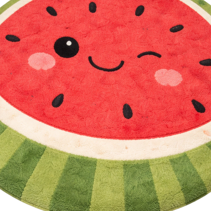 Round rug with a watermelon design featuring a smiley face.