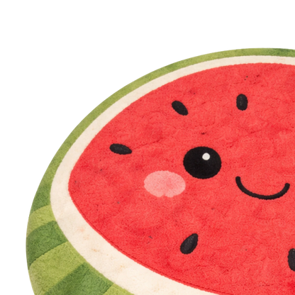 Round rug shaped like a watermelon slice with a smiley face on a white background